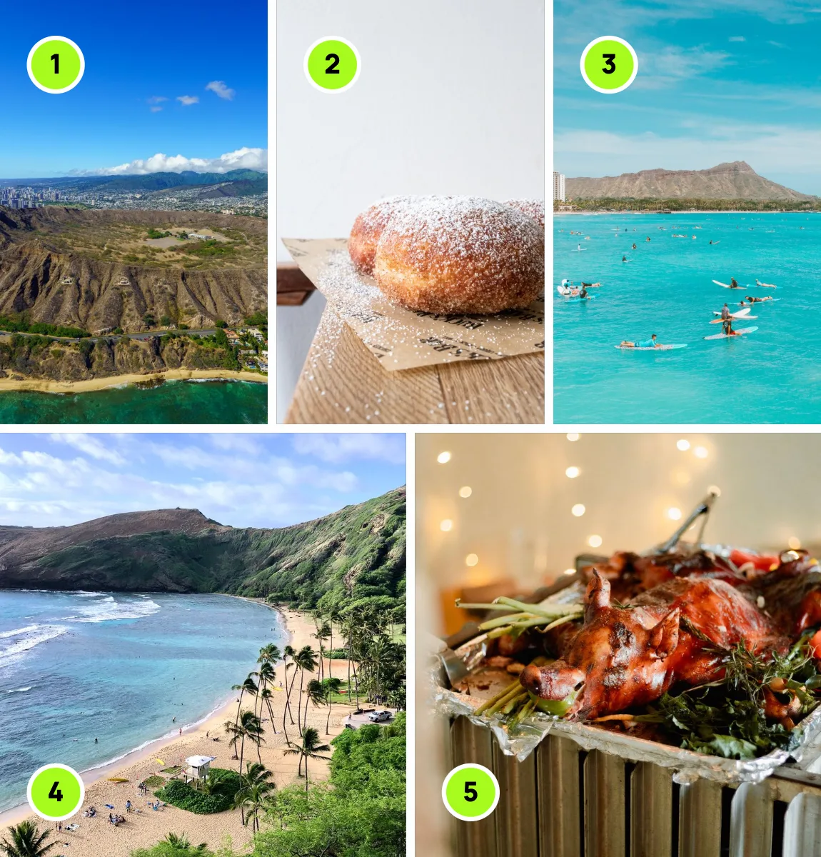 Photos from Honolulu: crater at dawn, malasadas after: 1, Diamond Head; 2, Leonard’s Bakery; 3, Waikiki Beach; 4, Hanauma Bay; 5, Helena’s Hawaiian Food