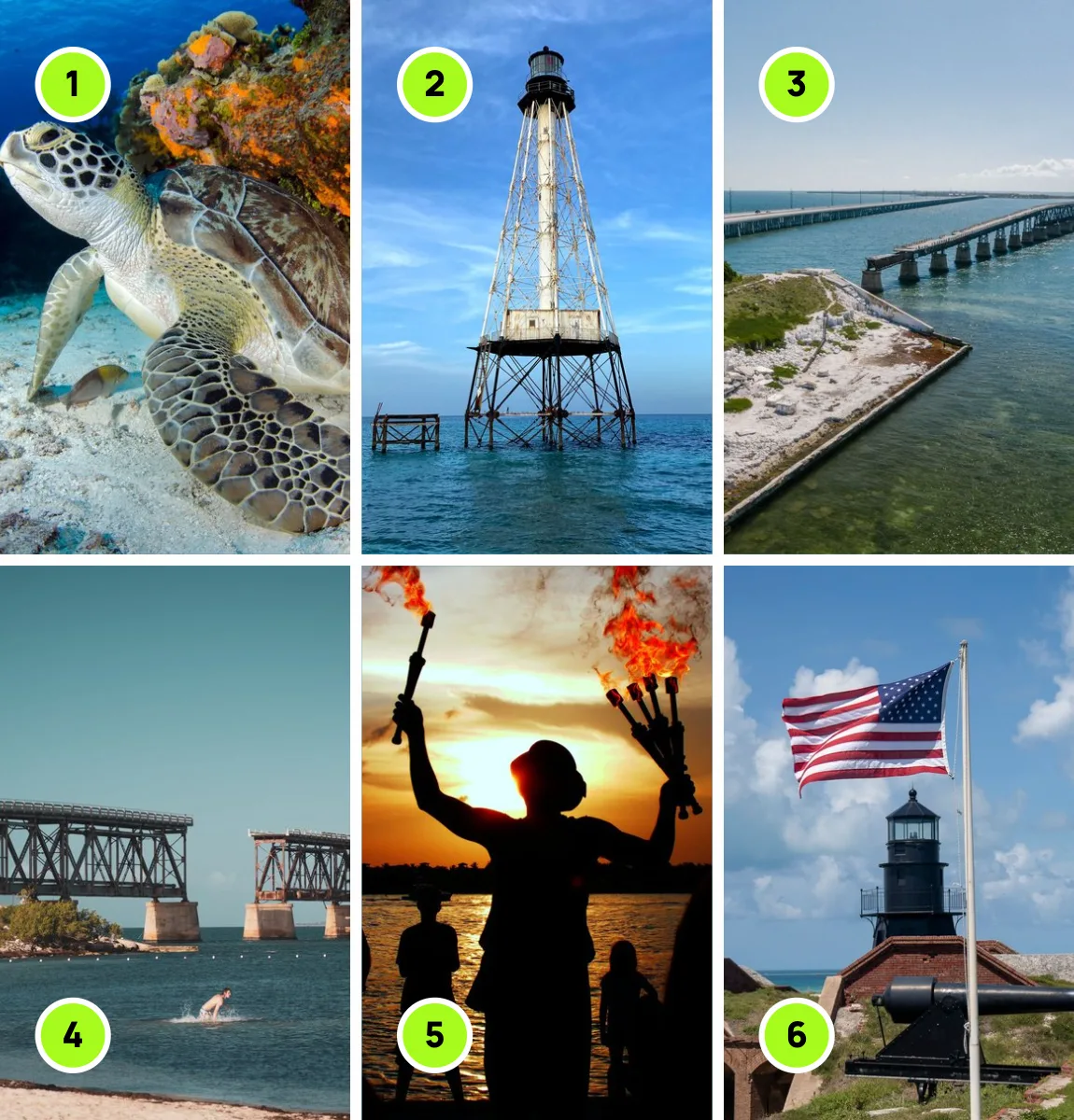 Photos from Keys Road Trip: 1, John Pennekamp; 2, Islamorada; 3, Seven Mile Bridge; 4, Bahia Honda; 5, Mallory Square; 6, Southernmost Point