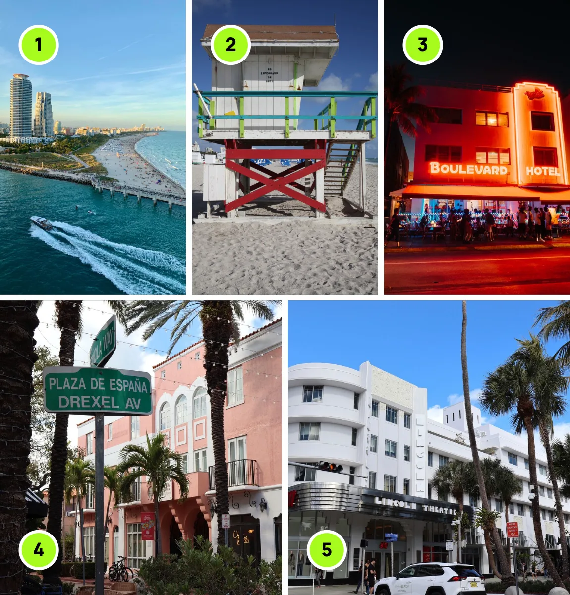 Photos from Miami Beach Weekend: 1, South Pointe Park; 2, Lummus Park Beach; 3, Ocean Drive; 4, Española Way; 5, Lincoln Road