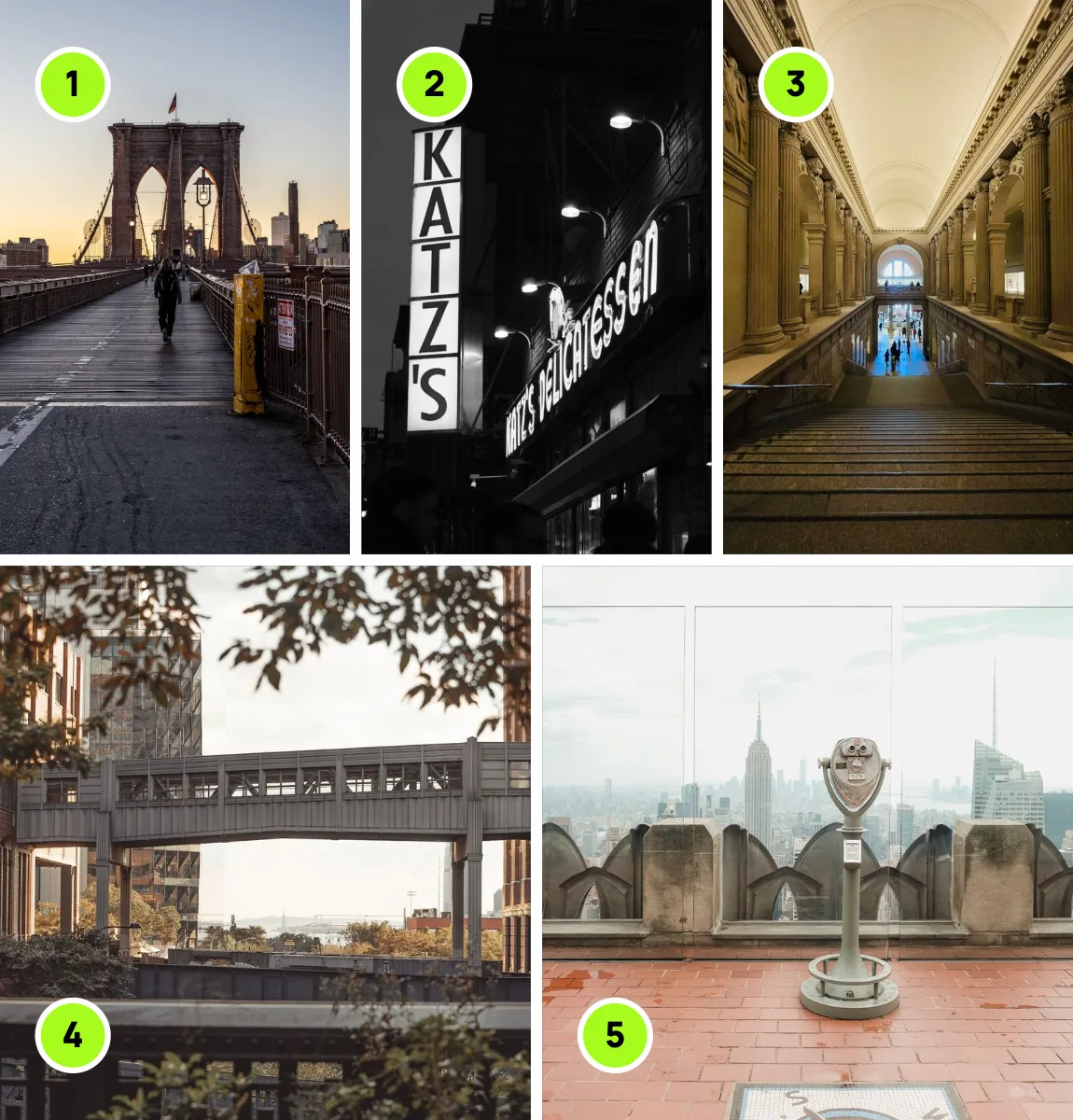 Photos from New York for the first time, the classics: 1, Brooklyn Bridge; 2, Katz’s Delicatessen; 3, The Met; 4, The High Line; 5, Top of the Rock