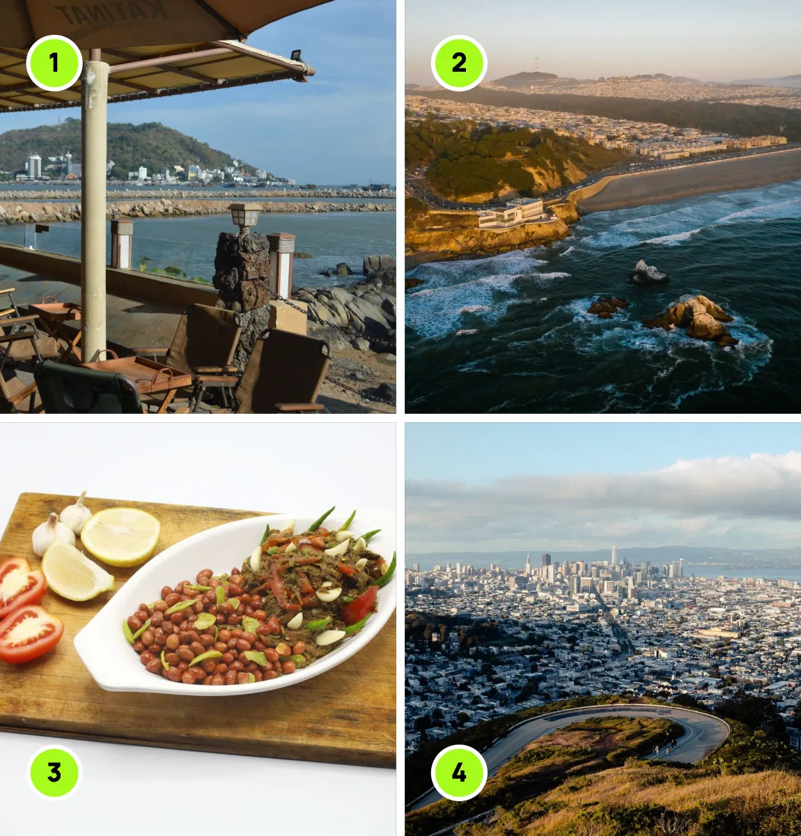 Photos from San Francisco from the foggy side: 1, Andytown Coffee Roasters; 2, Lands End Lookout; 3, Burma Superstar; 4, Twin Peaks