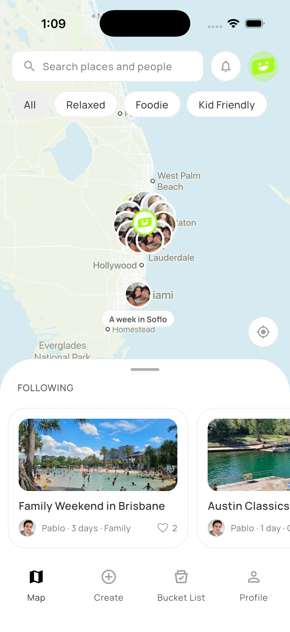 Happiness app — explore map with travelers you follow