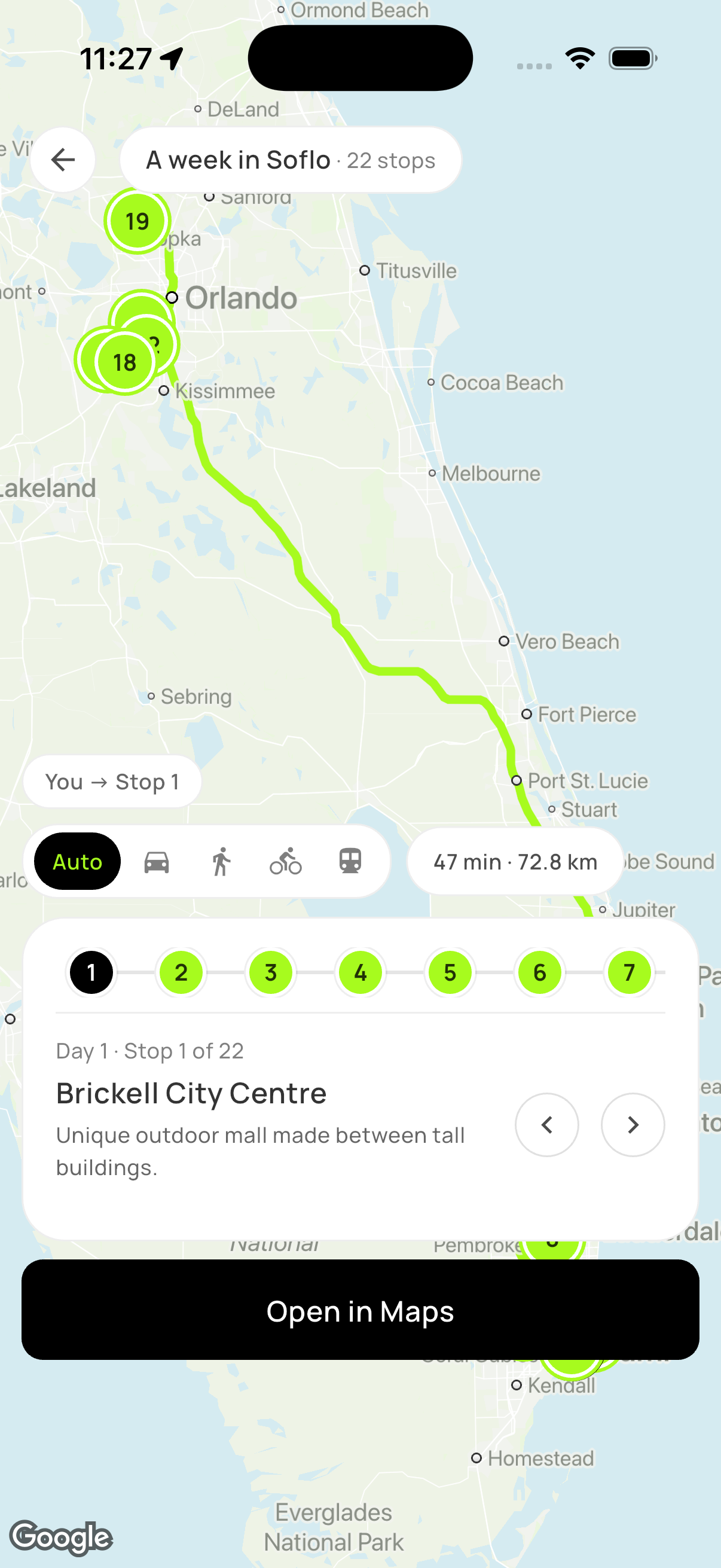 Happiness app — a week in Soflo trip route