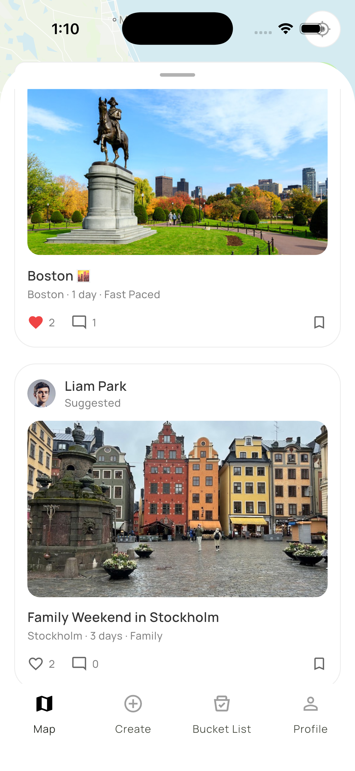 Happiness app — trip feed with itineraries from friends